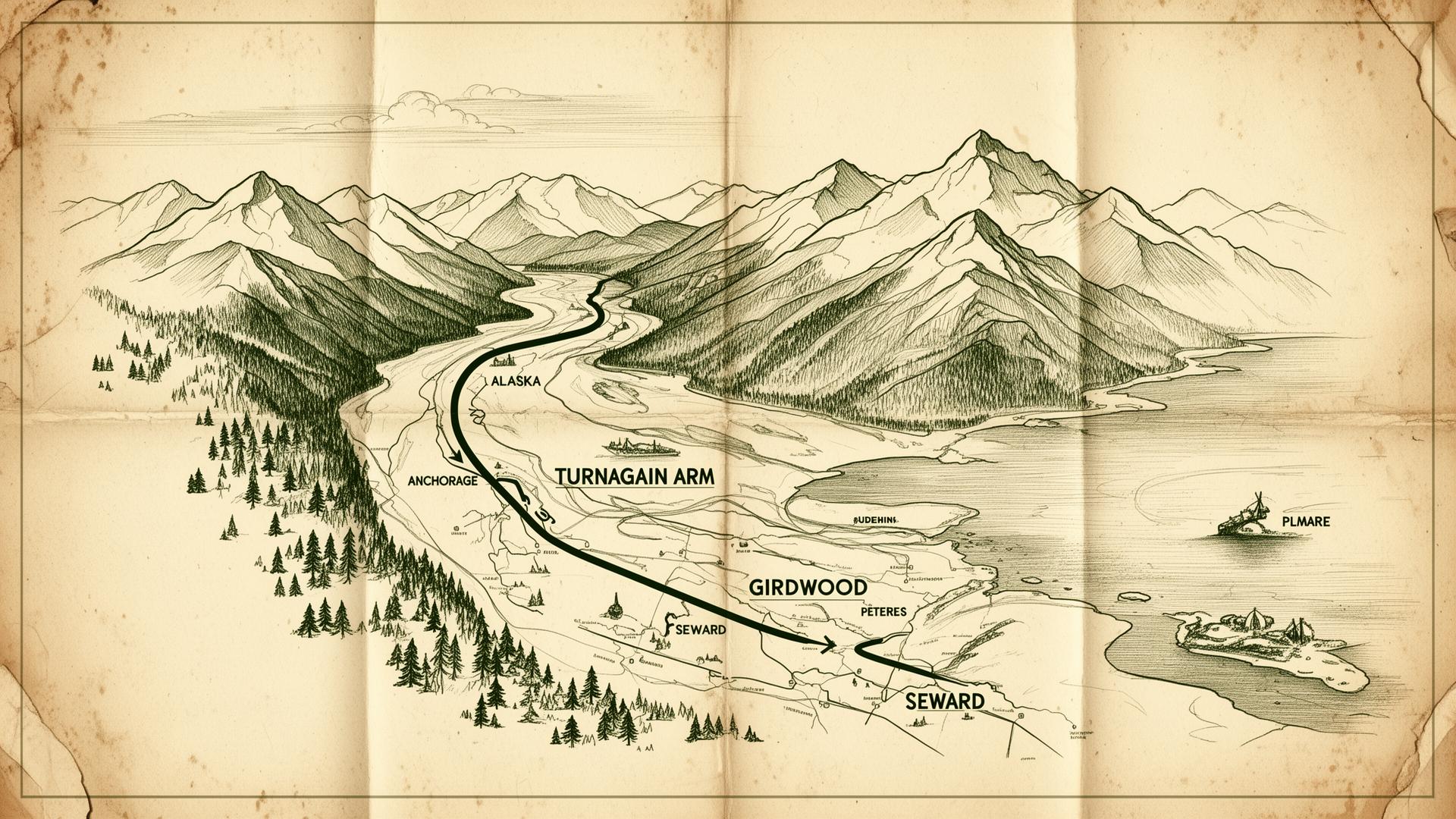 Hand-drawn vintage map of Turnagain Arm from Anchorage to Seward